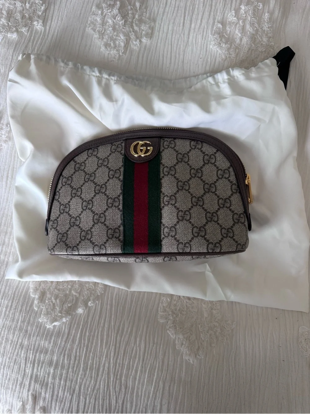 Gucci Ophidia GG Cosmetic Case dome shape with the full web stripe and gold